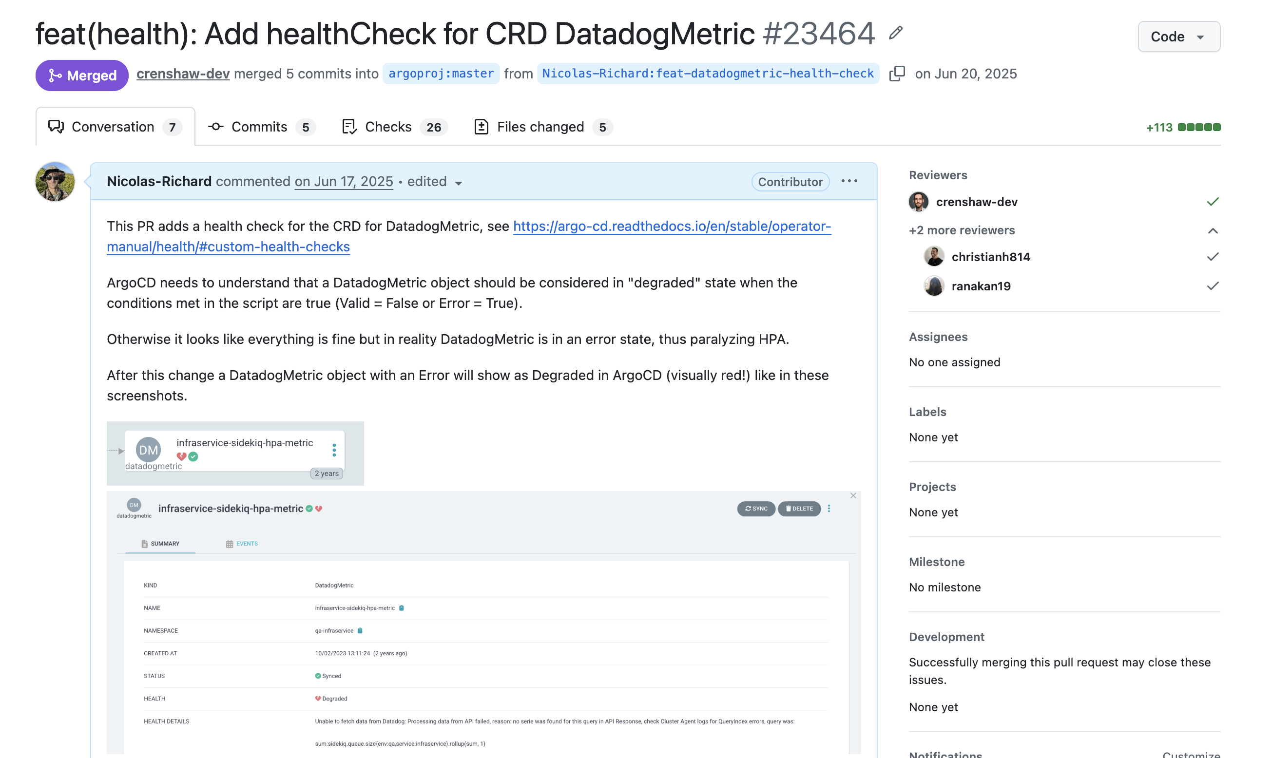 The PR merged into ArgoCD — reviewed and approved by three maintainers